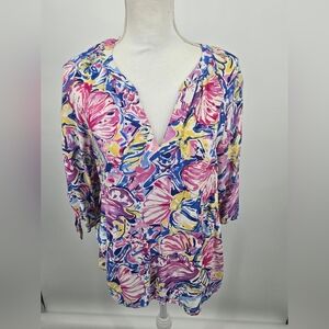 Pappagallo Blue Pink Abstract Floral Top Medium (6292)